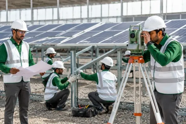 Solar engineers validating structural alignment with surveying equipment