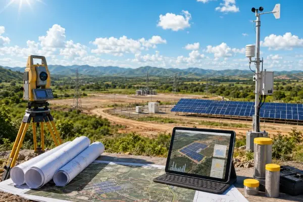 Solar site feasibility study with surveying equipment and project plans