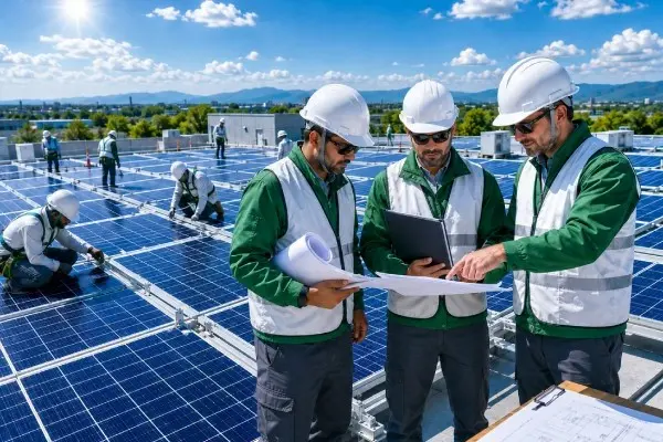 Solar project managers reviewing installation plans at an active rooftop site
