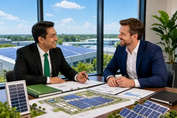 Consultants developing a renewable energy strategy using solar site plans