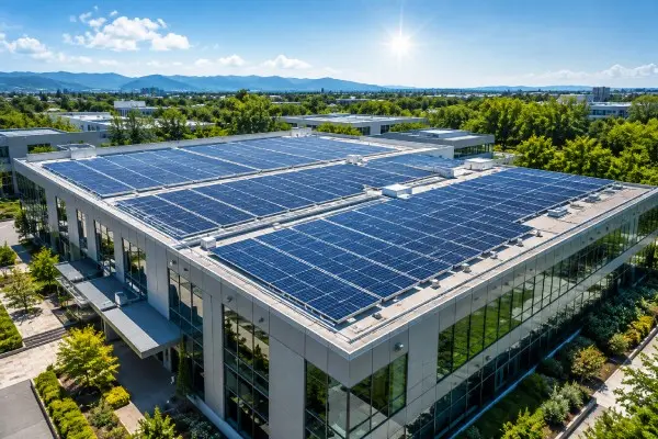 Commercial rooftop solar installation on a modern building