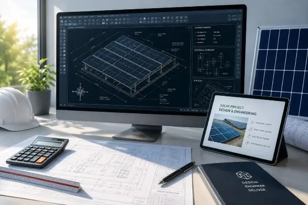 Solar system design and engineering plans displayed at an engineer's workstation
