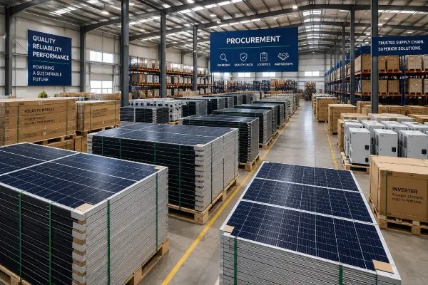 Solar panels and inverters organized in an equipment procurement warehouse