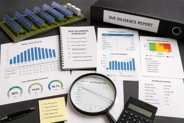 Solar project due diligence report with yield, performance, and risk analysis