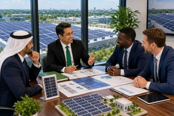 Technical consultants discussing a utility-scale solar project model and plans