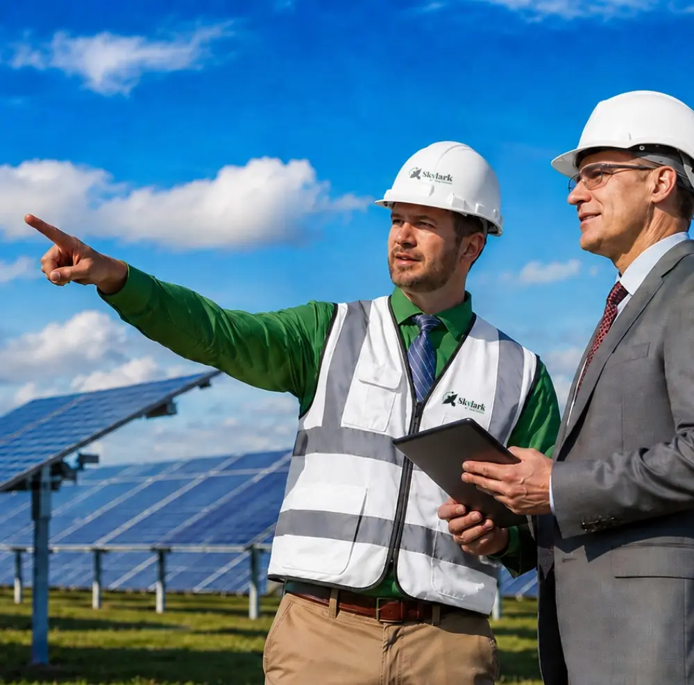Solar energy professionals using immersive technology to plan a solar installation