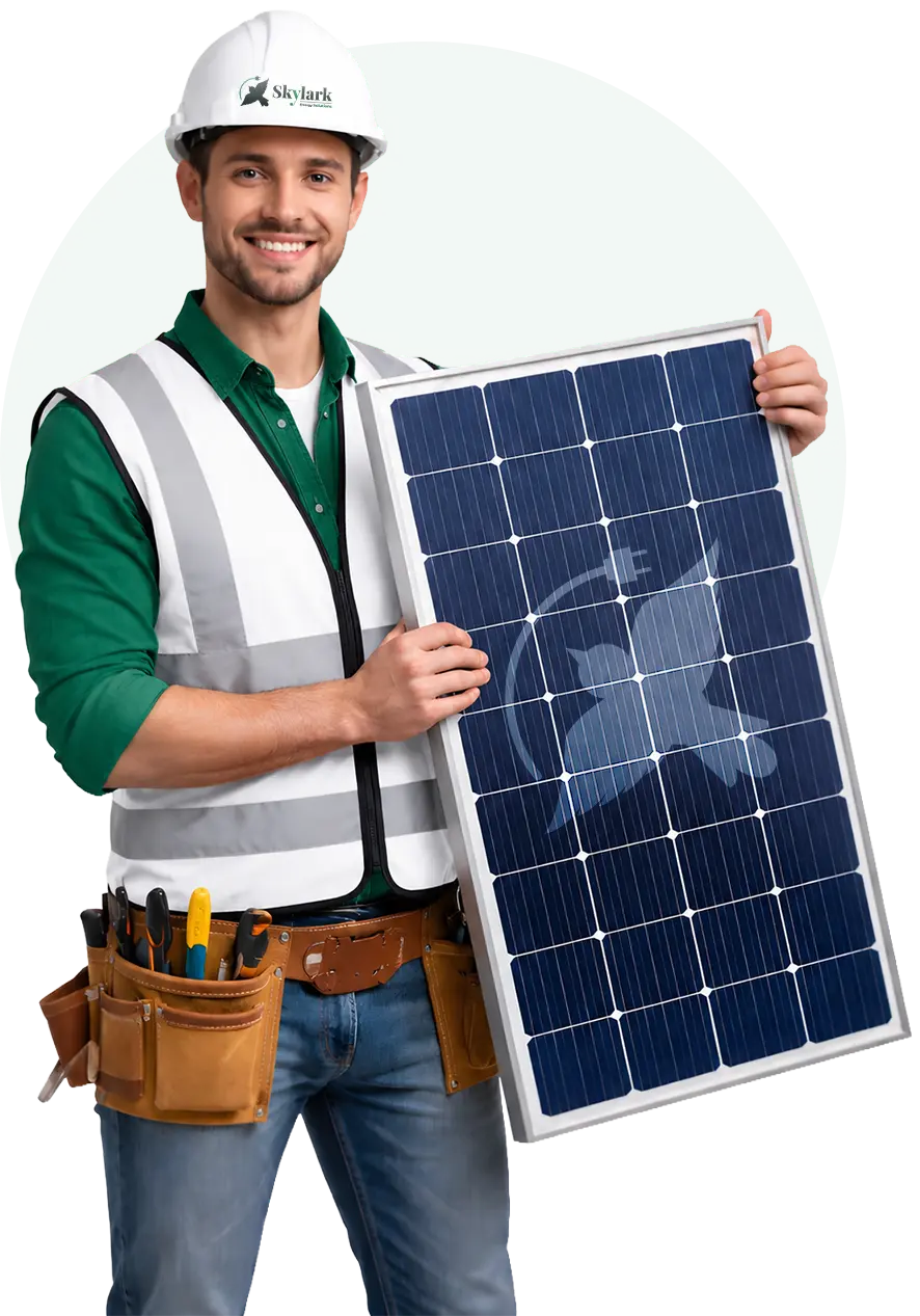 Solar installation professional holding a solar panel